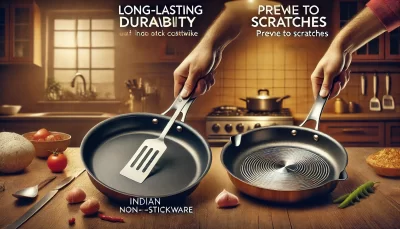 DALL·E 2025-01-08 11.43.31 – A high-quality image showcasing the durability of Indian non-stick cookware compared to competitors. On the left, an Indian non-stick pan appears flaw